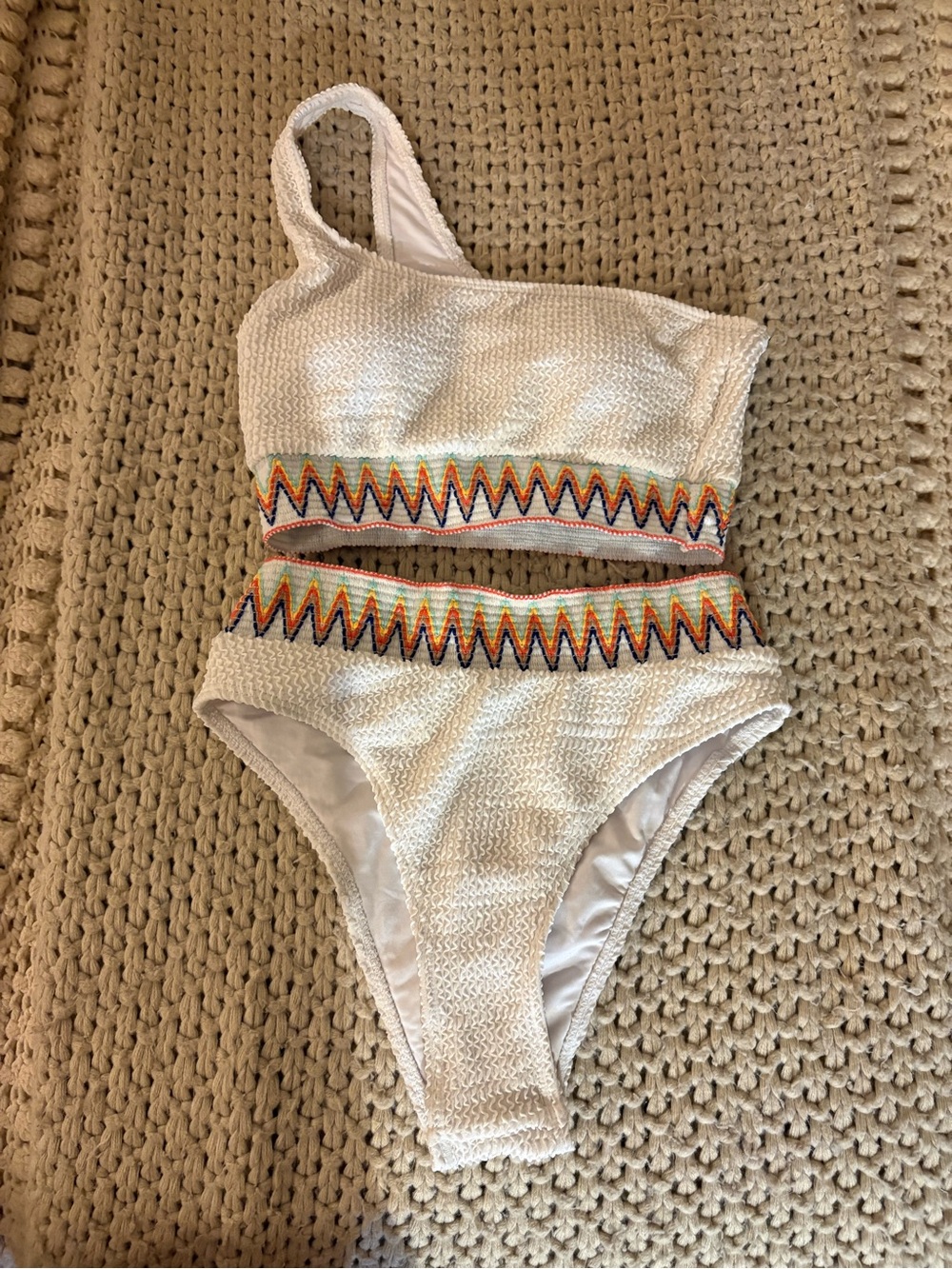 White Textured Two-Piece Bikini with Colorful Zigzag Trim